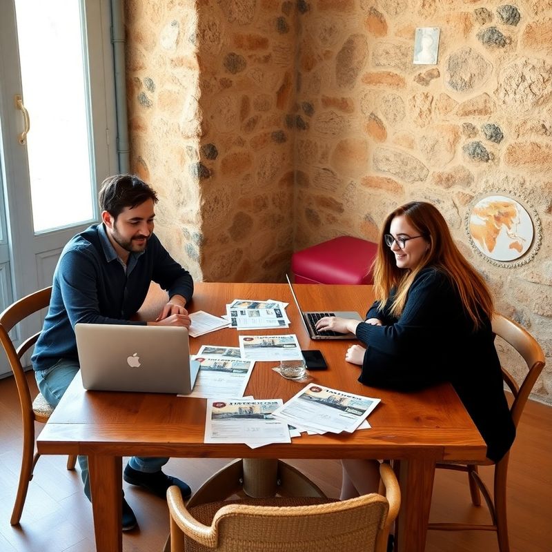 Mali uredački tim od troje ljudi za drvenim stolom s laptopima i printanim listama utakmica